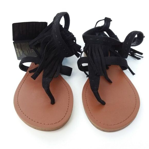 Forever 21 Sandals Women Size 6.5M Black Fringe Thong Up Leg Ties - Picture 12 of 13